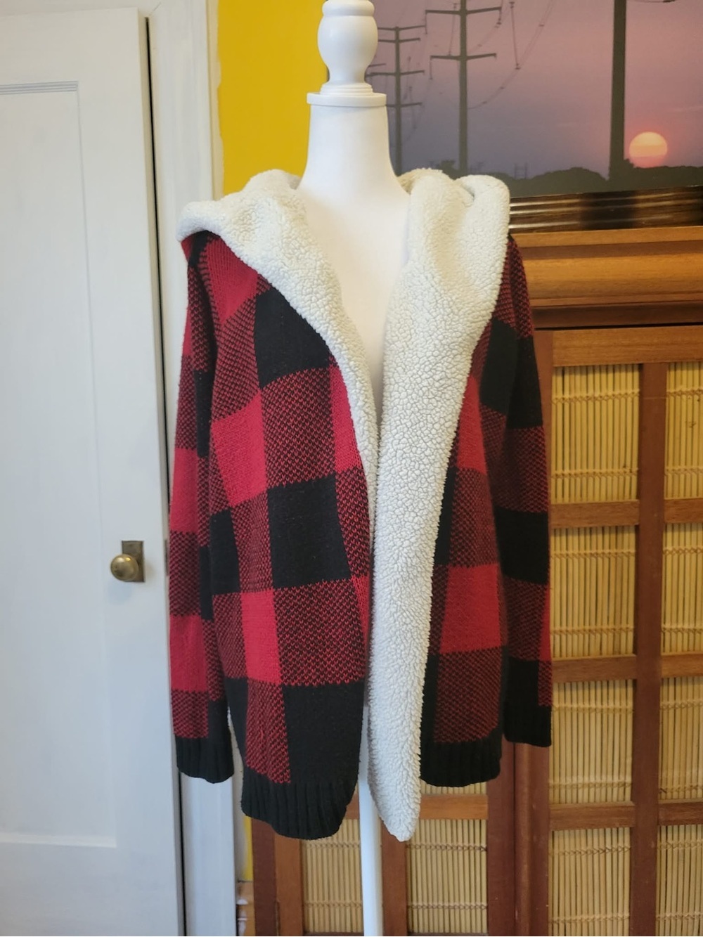 Red and Black Knit Hooded Cardigan with Cream Sherpa Trim